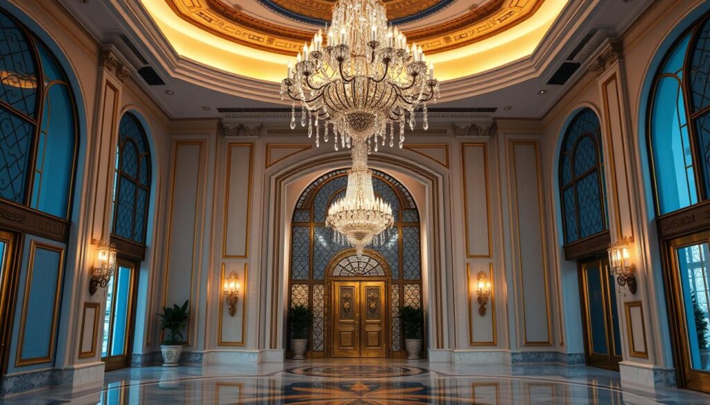 foyer chandeliers Elegant foyer featuring a grand chandelier, luxurious crystal droplets cascading, soft ambient light illuminating a spacious entryway, high ceilings with intricate architectural details, polished marble floor reflecting the chandelier's brilliance, rich color palette of gold and deep blue accents.