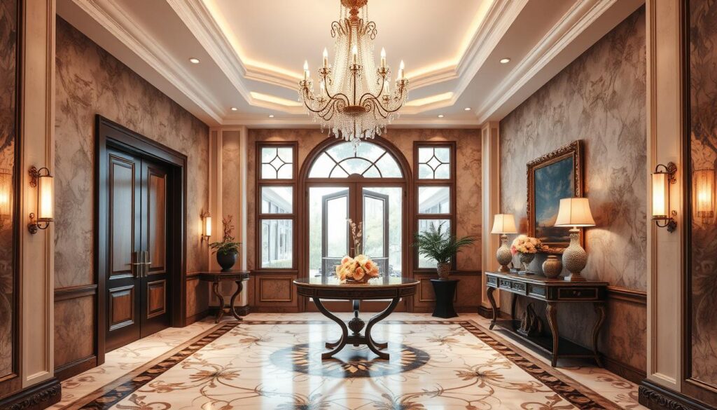 importance of entryway lighting A luxurious foyer featuring an ornate chandelier cascading light, elegant marble flooring with decorative patterns, a stylish console table adorned with fresh flowers, and soft ambient lighting creating a warm and inviting atmosphere, surrounded by rich wall textures and tasteful decor.