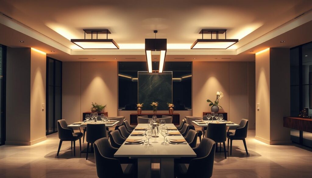 led dining room lighting "Elegant modern dining room featuring sleek LED light fixtures, warm ambient glow, minimalist decor, contemporary furniture, stylish table setting, soft shadows highlighting the space, spacious and inviting atmosphere"