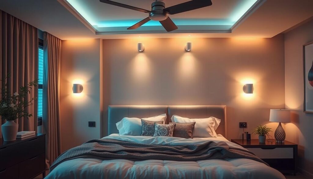 led wall lights A stylish bedroom interior featuring elegant LED wall lights that create a warm and cozy ambiance, showcasing modern design elements, soft color tones, and a relaxing atmosphere, with the lights casting gentle shadows and highlights on the walls and surrounding decor.