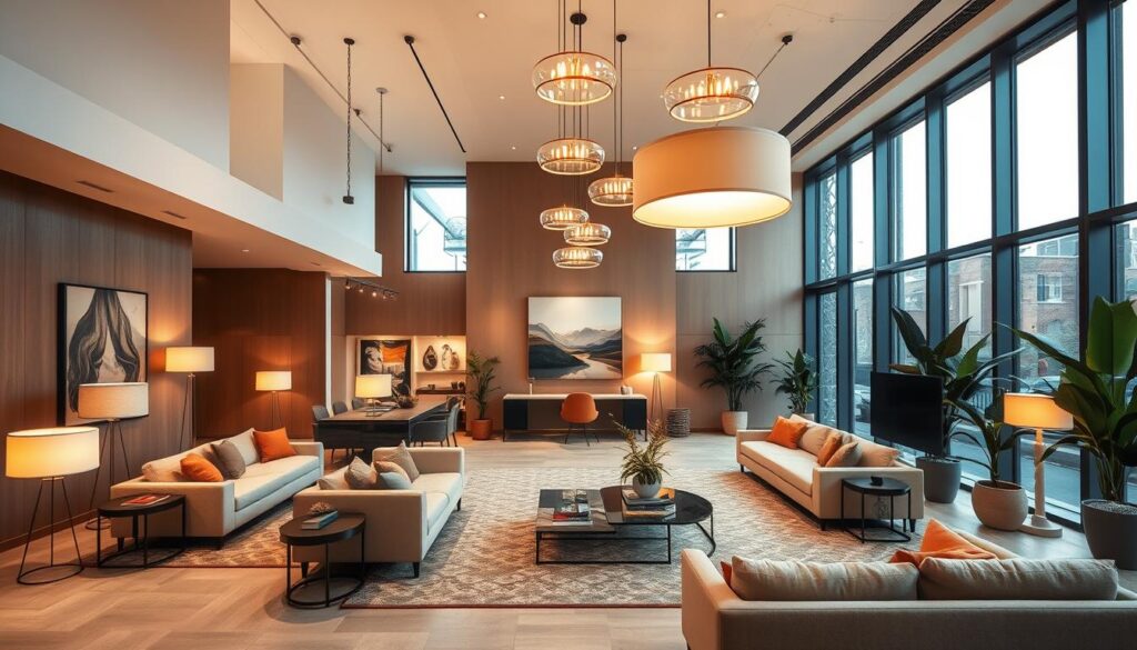 living hall lighting Stylish living hall illuminated by modern pendant lights, soft ambient glow, elegant furniture arrangement, warm color palette, cozy atmosphere, contemporary decor elements, large windows showcasing natural light, stylish floor lamps in corners, artistic wall art, lush indoor plants, inviting and sophisticated ambiance.