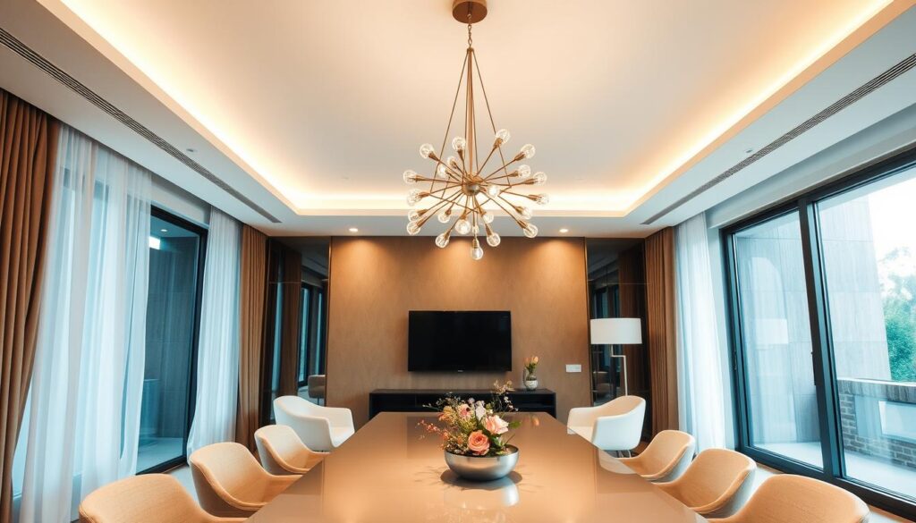 modern dining room light fixtures A contemporary dining room featuring sleek modern light fixtures, soft ambient lighting, minimalistic furniture, geometric shapes, a stylish chandelier hanging above a polished dining table, warm color palette, elegant decor elements, large windows allowing natural light to blend with the fixtures.