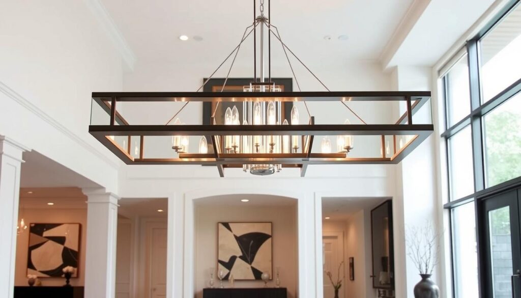 modern entrance chandeliers "Elegant modern foyer chandelier design, featuring sleek lines and geometric shapes, illuminated softly, suspended in a spacious entryway with high ceilings and contemporary decor, showcasing a mix of metals and glass for a luxurious feel."