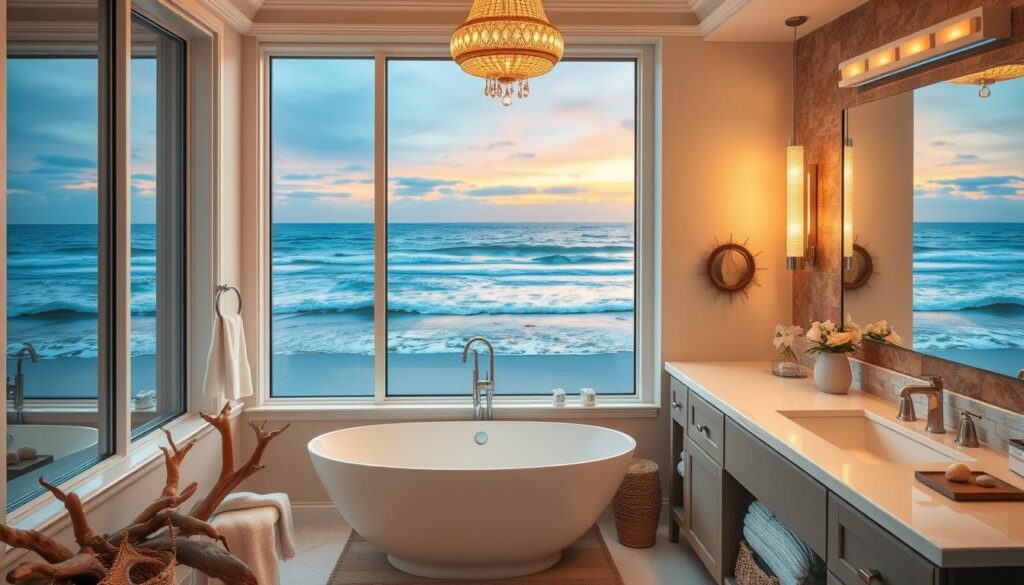 oceanfront bathroom vanity lighting An elegant coastal bathroom adorned with stylish vanity lighting, featuring soft, warm hues reminiscent of seaside sunsets, surrounded by natural textures like driftwood and seashells, with ocean waves visible through a large window reflecting the serene ambiance of beach life.