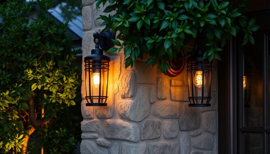 outdoor sconces Stylish outdoor sconces illuminating a cozy home exterior, mounted on a textured stone wall, warm light glowing softly against lush greenery, elegant modern design with intricate details, evening setting, creating a welcoming ambiance.