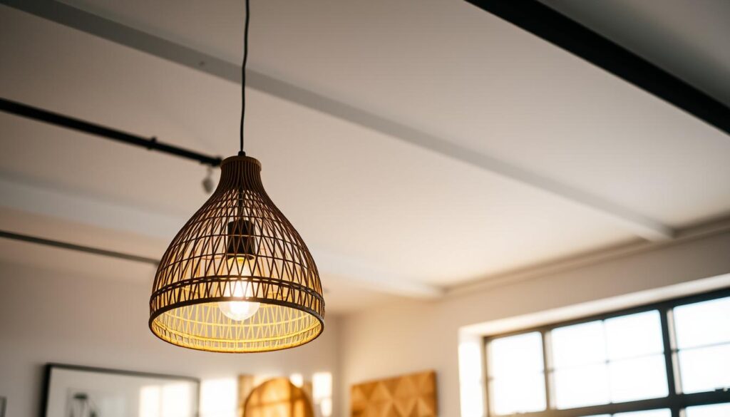 rattan pendant light A stylish rattan pendant light hanging gracefully from a modern ceiling, casting warm, inviting shadows on a minimalist interior. The light's natural texture and intricate weaving are highlighted, surrounded by contemporary decor elements, with soft ambient lighting creating a cozy atmosphere.