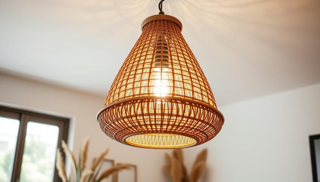 rattan pendant light A beautifully designed rattan pendant light hanging from a modern ceiling, casting warm, inviting shadows on a stylishly decorated room. The light features intricate woven patterns, showcasing the natural texture of rattan. Surrounding the light, soft, neutral-toned decor items are visible, enhancing the cozy atmosphere.
