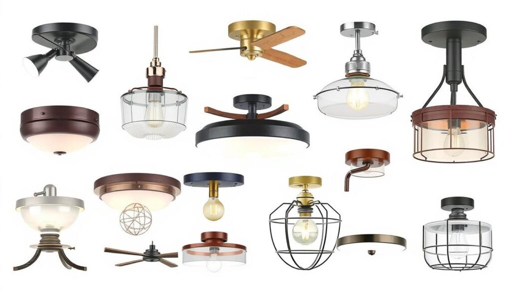 semi flush mount ceiling light A collection of stylish semi flush mount ceiling light fixtures showcasing a variety of designs, including modern, vintage, and industrial styles, each with unique shapes, materials, and finishes, set against a neutral background for a clean aesthetic.