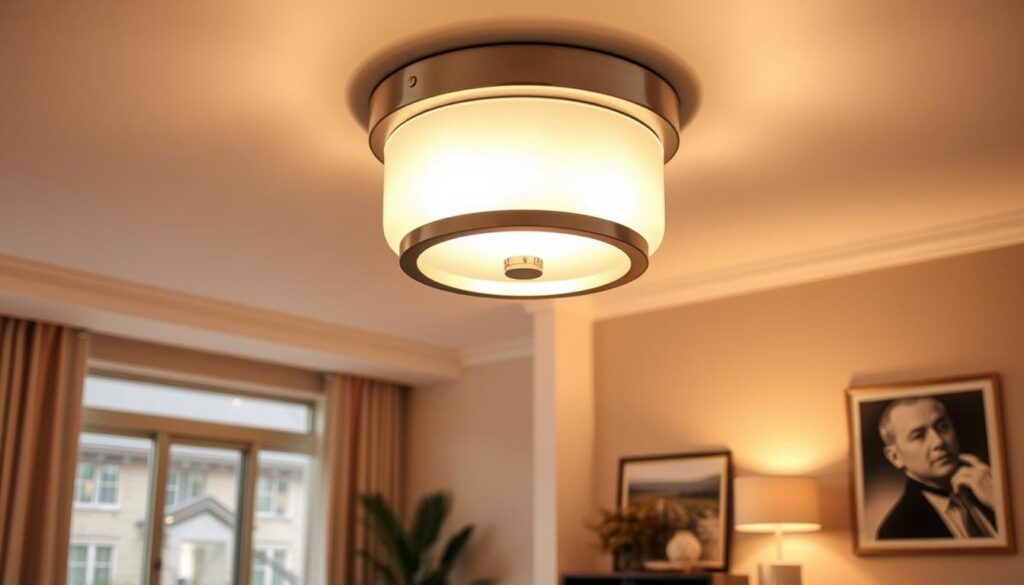 semi flush mount ceiling light An elegant semi flush mount ceiling light with a modern design, featuring a brushed nickel finish and clear glass shade, softly illuminating a contemporary living space with stylish decor and warm colors, surrounded by minimalistic furnishings and decorative elements.