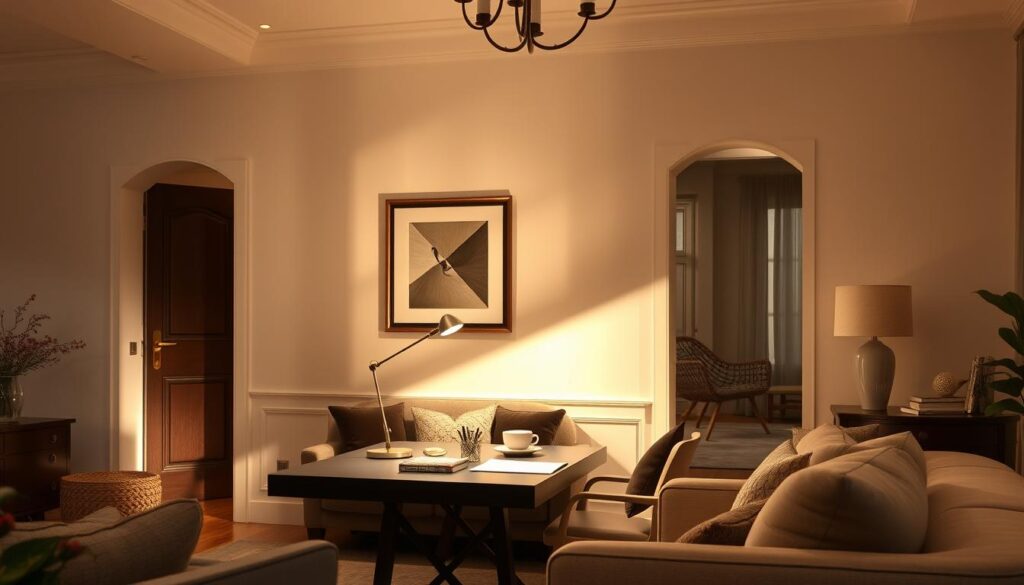 task lighting "An elegantly designed living hall featuring stylish task lighting, with a sleek desk lamp casting a warm glow on a modern workspace, surrounded by plush furniture and tasteful decor. Soft shadows creating depth on the walls, highlighting a cozy, inviting atmosphere."