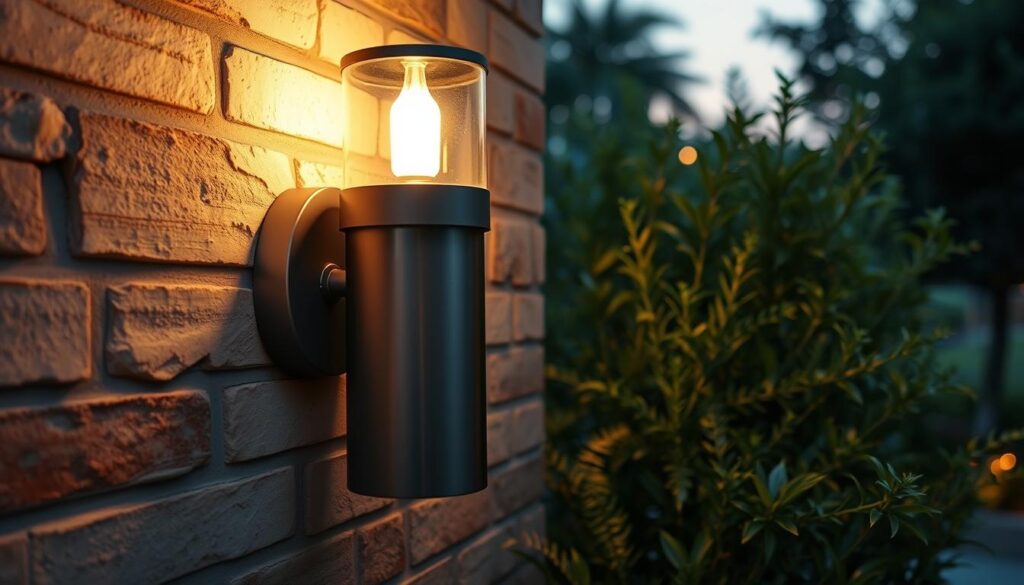 wall lamp outdoor Stylish outdoor wall lamp, elegant design, warm ambient light, modern materials, sleek metal finish, mounted on a textured brick wall, surrounded by lush greenery, soft shadows casting on the ground, atmospheric evening setting.