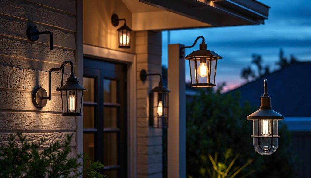 wall lamp outdoor A collection of stylish outdoor wall lamps mounted on a cozy home exterior, showcasing various designs like modern minimalist, vintage lantern style, and sleek industrial aesthetics, illuminated against a twilight backdrop with soft glow spreading across textured walls and lush greenery.
