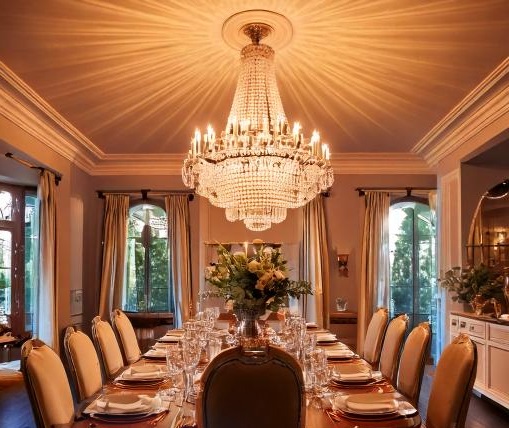 Elegant crystal chandelier illuminating a formal dining room with warm, ambient lighting