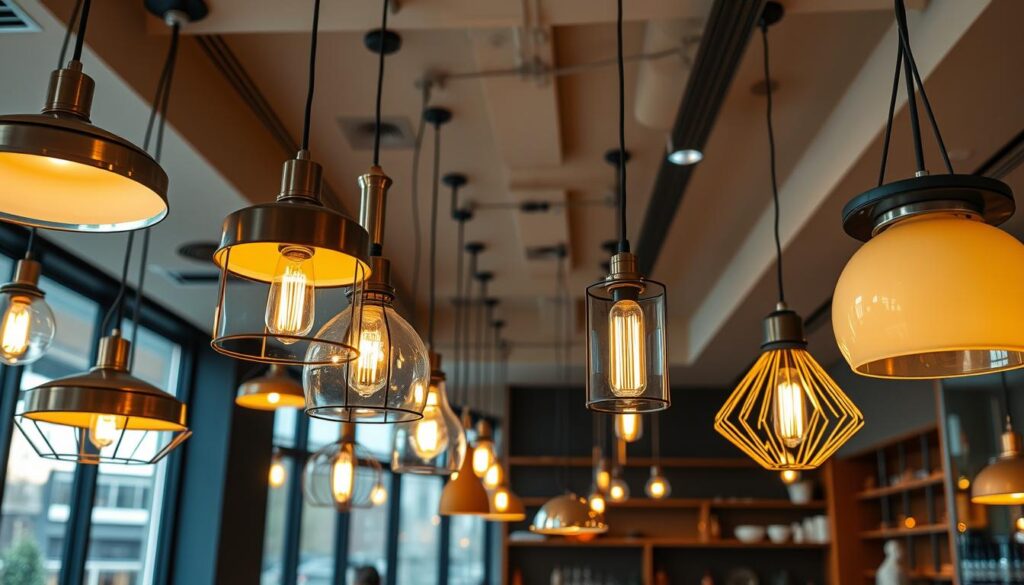 "Elegant restaurant interior showcasing stylish hanging lamps, modern lighting design, warm ambiance, chic furniture, soft shadows creating a cozy atmosphere, contemporary decor elements blending seamlessly with illumination."