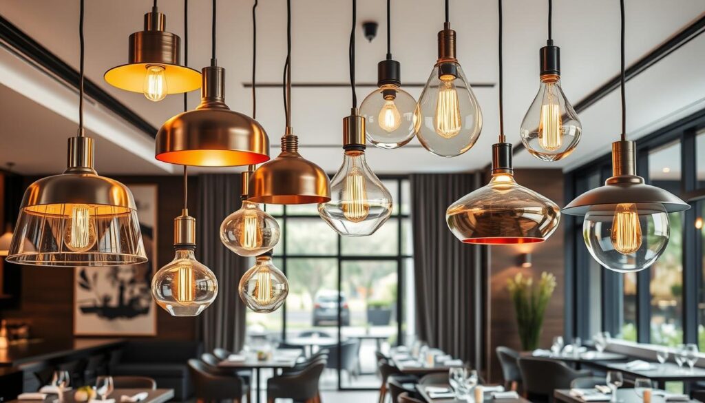 A collection of modern hanging lamps designed for restaurants, showcasing a variety of stylish shapes and materials, featuring sleek metal finishes, warm glass hues, and innovative light designs, set against a backdrop of a contemporary dining space with elegant tables and cozy ambiance.