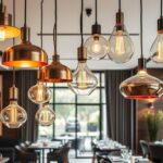 A collection of modern hanging lamps designed for restaurants, showcasing a variety of stylish shapes and materials, featuring sleek metal finishes, warm glass hues, and innovative light designs, set against a backdrop of a contemporary dining space with elegant tables and cozy ambiance.