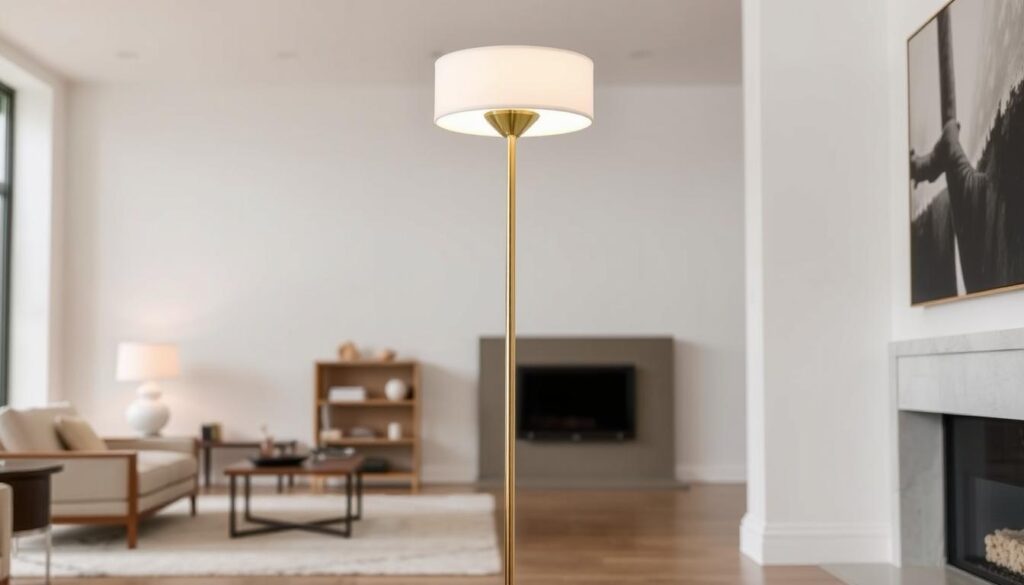A sleek and elegant modern floor lamp, inspired by mid-century design, featuring a glossy brass finish, a tall slender frame, and a round silk shade in soft white, set against a minimalistic interior backdrop with neutral tones and contemporary furniture.