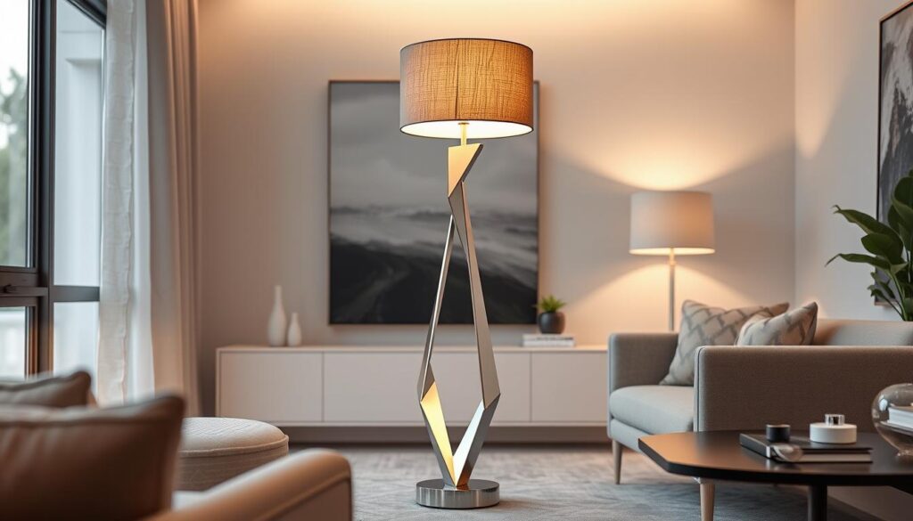 "Elegant modern floor lamp with a sleek design, featuring a polished metallic base, geometric shapes, and a stylish fabric shade, set in a chic living room environment with soft lighting and contemporary decor."
