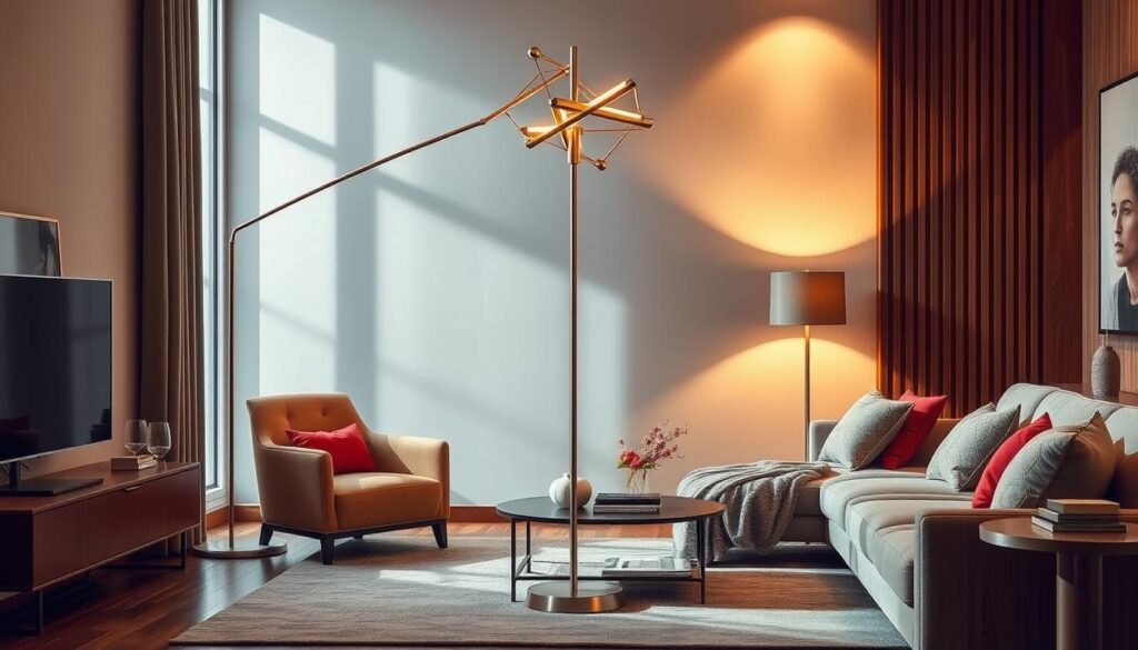 Modern floor lamp design with sleek lines, a luxurious metallic finish, and elegant geometric shapes, set in a contemporary living room ambiance, warm lighting casting soft shadows, minimalist furniture styling, rich textures like velvet and wood, vibrant color accents to enhance the modern luxe aesthetic.