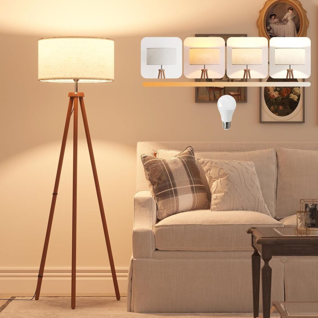 
LiteHistory Wood Tripod Floor Lamps for Living Room, Bedroom, and Office,Standing lamp with Beige Linen Shade, 12W Three-Color Bulb Included,