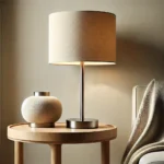 A stylish table lamp with a neutral shade on a wooden side table.