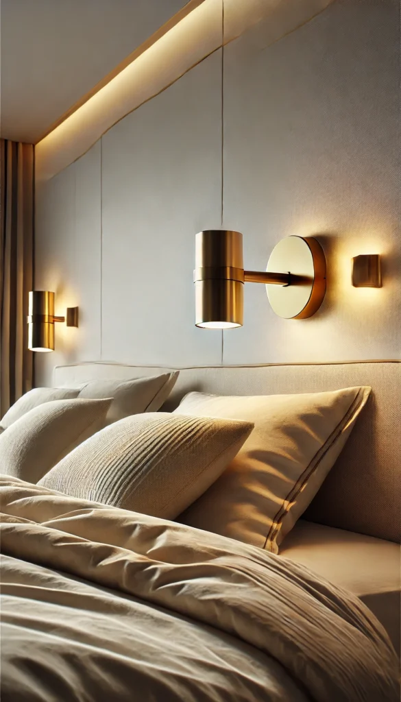 A modern brass wall sconce mounted above a bed.